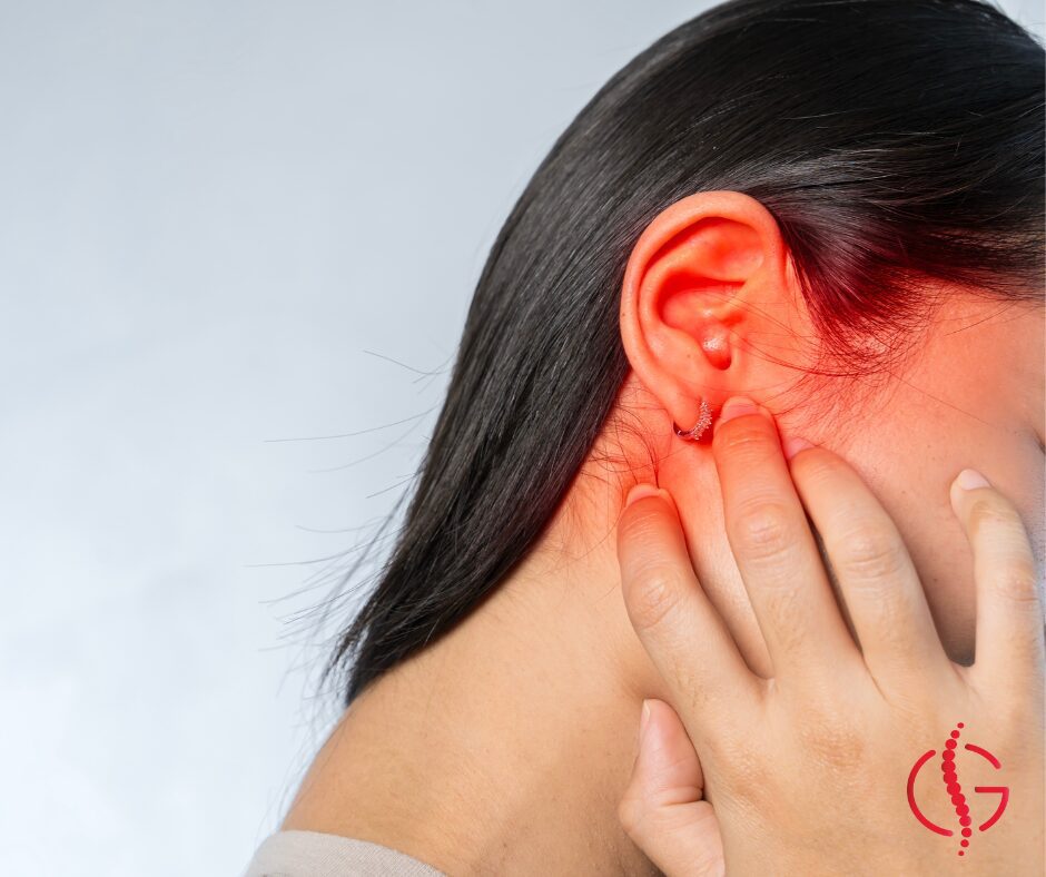 An anatomical illustration of the middle ear and Eustachian tube, highlighting structures involved in otitis media and its chiropractic management.